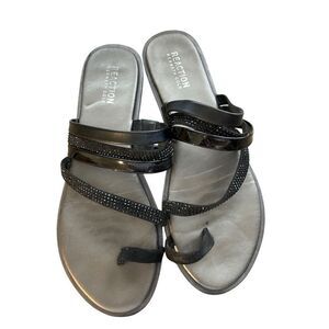 Kenneth Cole Reaction Womens 8.5‎ Rhinestone Strappy Flat Sandals Black Toe Loop